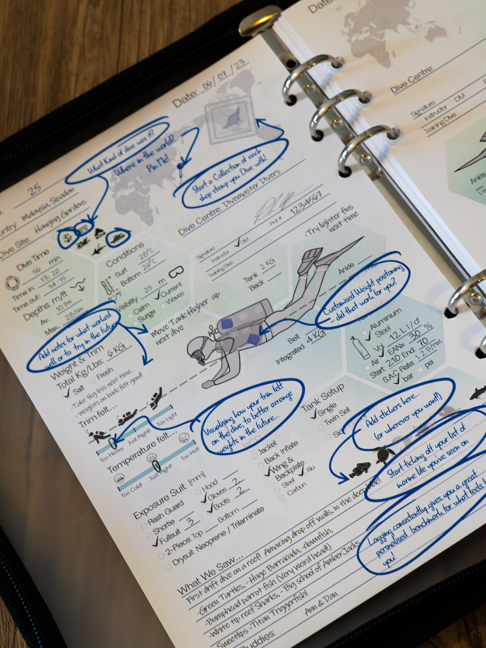 Detailed handwritten dive notes